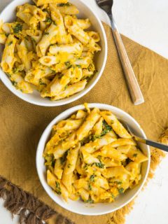 Gluten-Free Pumpkin Feta Pasta is huge on flavor yet is nice and light. A delicious fall or winter dinner recipe