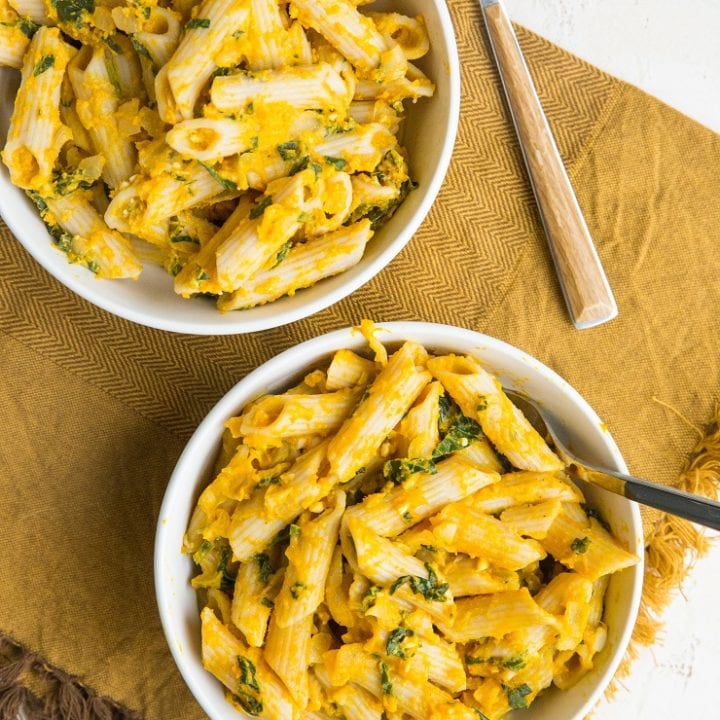 Gluten-Free Pumpkin Feta Pasta is huge on flavor yet is nice and light. A delicious fall or winter dinner recipe