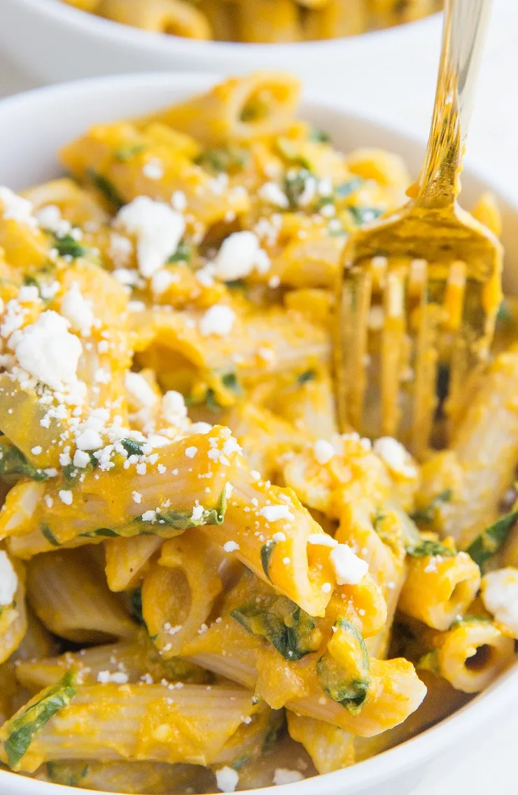 Gluten-Free Pumpkin Pasta with feta and spinach - an easy healthier pasta recipe