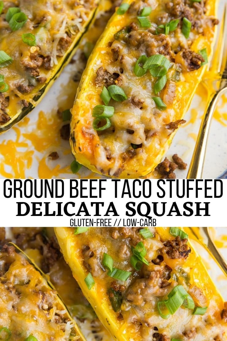 Taco Stuffed Delicata Squash with ground beef and cheddar cheese - an easy, comforting healthy dinner recipe perfect for fall and winter!