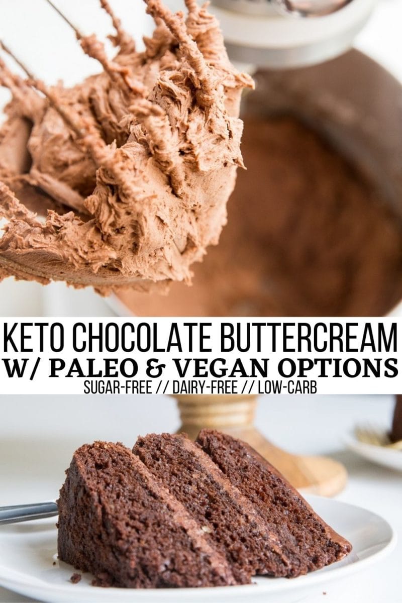 Keto Chocolate Buttercream frosting with paleo and vegan options - sugar-free, dairy-free, rich and delicious! Perfect for frosting cupcakes, cakes, brownies, and more!