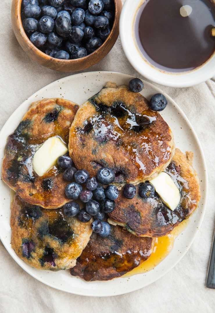 Low-Carb Paleo Blueberry Pancakes made with coconut flour. Grain-free, dairy-free, healthy, delicious pancake recipe!
