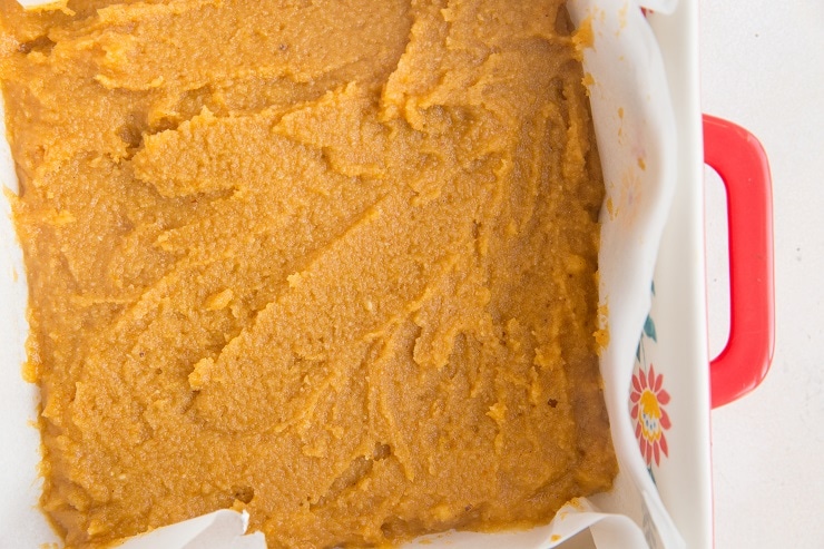Transfer the pumpkin snickerdoodle dough to the baking pan