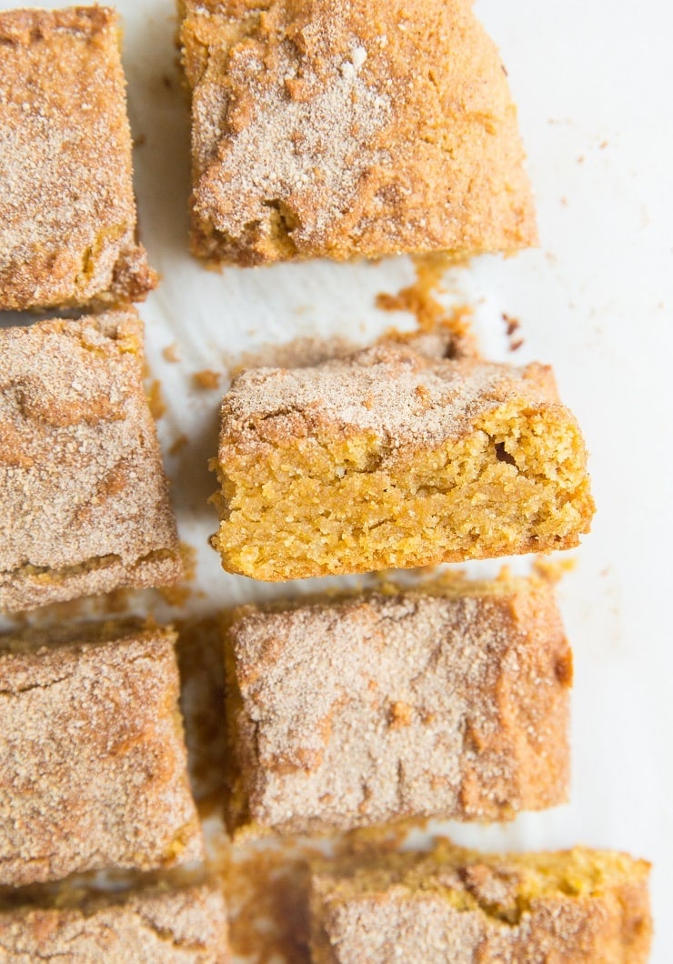 Paleo Pumpkin Snickerdoodle Cookie Bars - grain-free, refined sugar-free, dairy-free snickerdoodles that are made with almond flour. A healthier pumpkin dessert recipe!