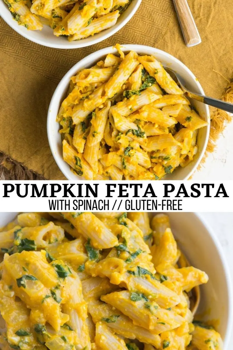 Gluten-Free Pumpkin Feta Pasta with spinach, onion and garlic for a lusciously creamy and delicious light pasta recipe