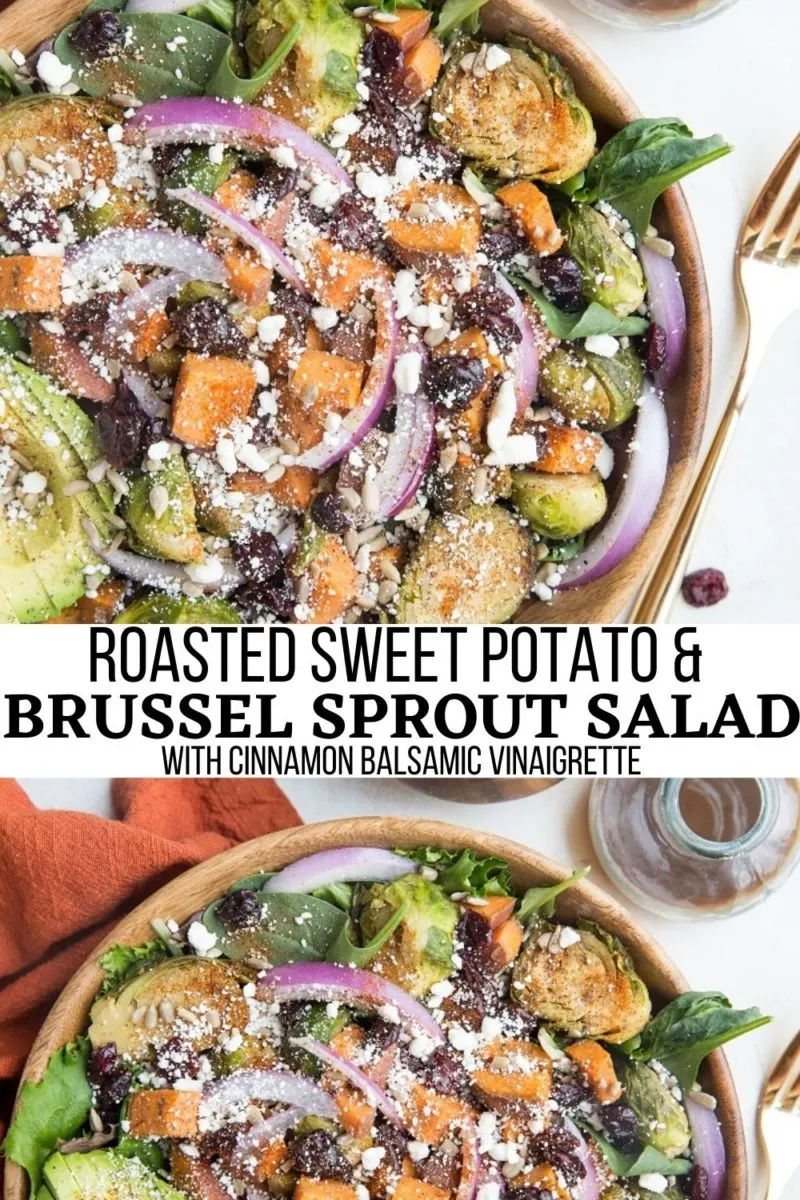 Roasted Sweet Potato and Brussel Sprout Salad with Cinnamon Balsamic Dressing is a nutritious fall-inspired salad