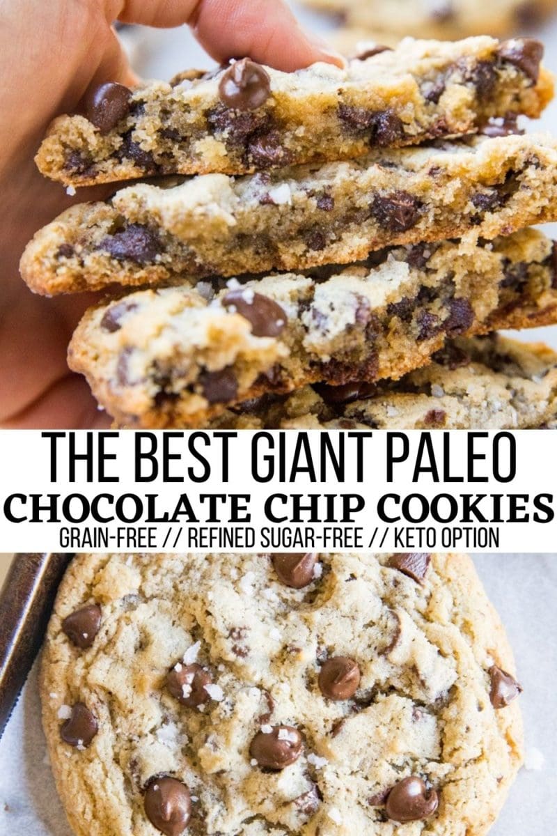 These Giant Paleo Chocolate Chip Cookies are incredibly chewy with the perfect crisp around the edges and are made with only 7 basic ingredients. This low-fuss cookie recipe tastes just like the real deal, yet it is grain-free and refined sugar-free.