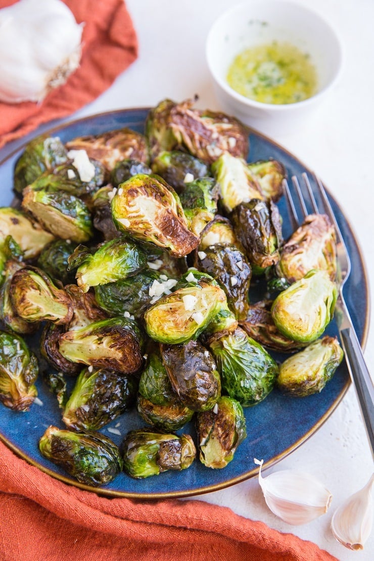 Garlic Butter Air Fryer Brussel Sprouts - a quick, easy healthy side dish loaded with flavor!