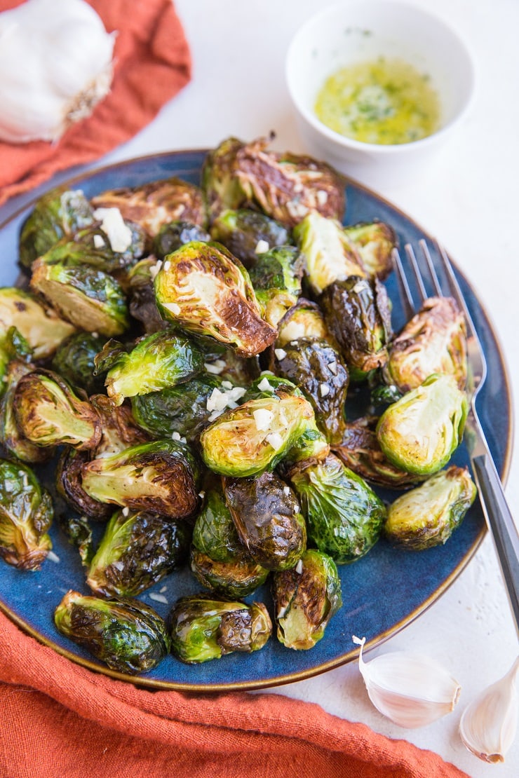 Garlic Butter Air Fryer Brussel Sprouts - a quick, easy healthy side dish loaded with flavor!