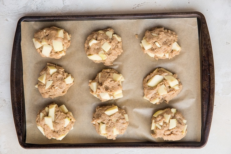 Scoop about 1/3 to 1/2 cup of dough onto a parchment-lined baking sheet