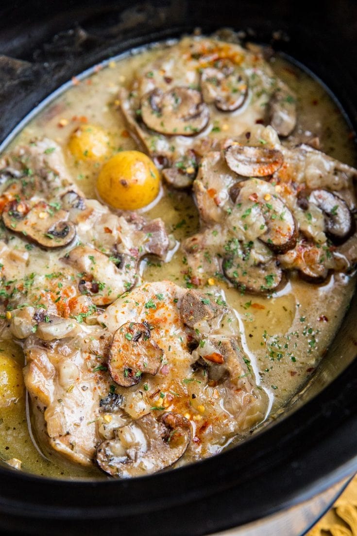 Creamy Crock Pot Pork Chops with Potatoes and Mushrooms - The Roasted Root