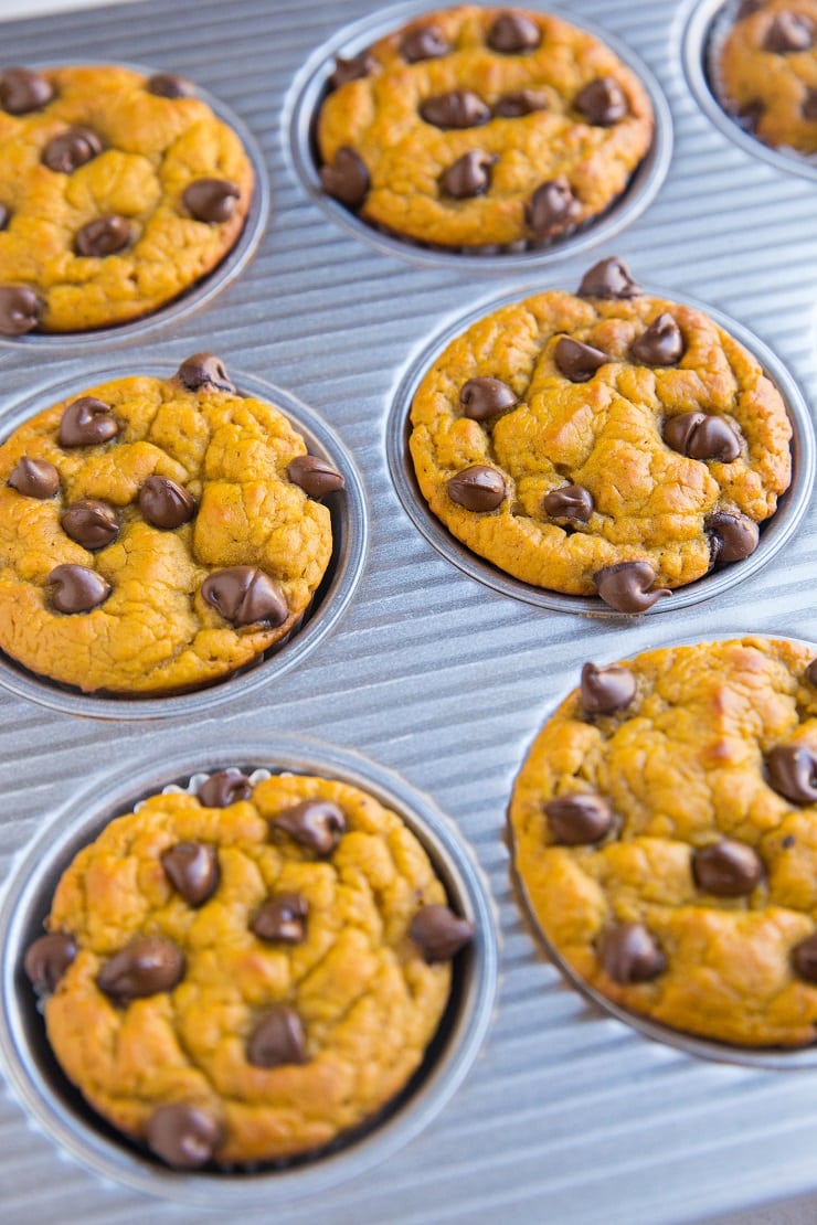 Gluten-Free Healthy Chickpea Pumpkin Muffins with chocolate chips. Flourless, dairy-free, refined sugar-free, delicious and healthy breakfast