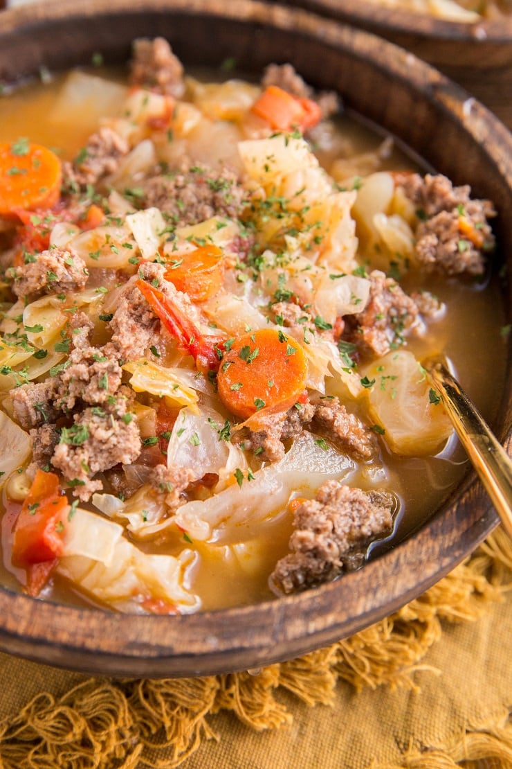 Easy Ground Beef and Cabbage Soup made with 10 basic ingredients for a flavorful, healthful meal.