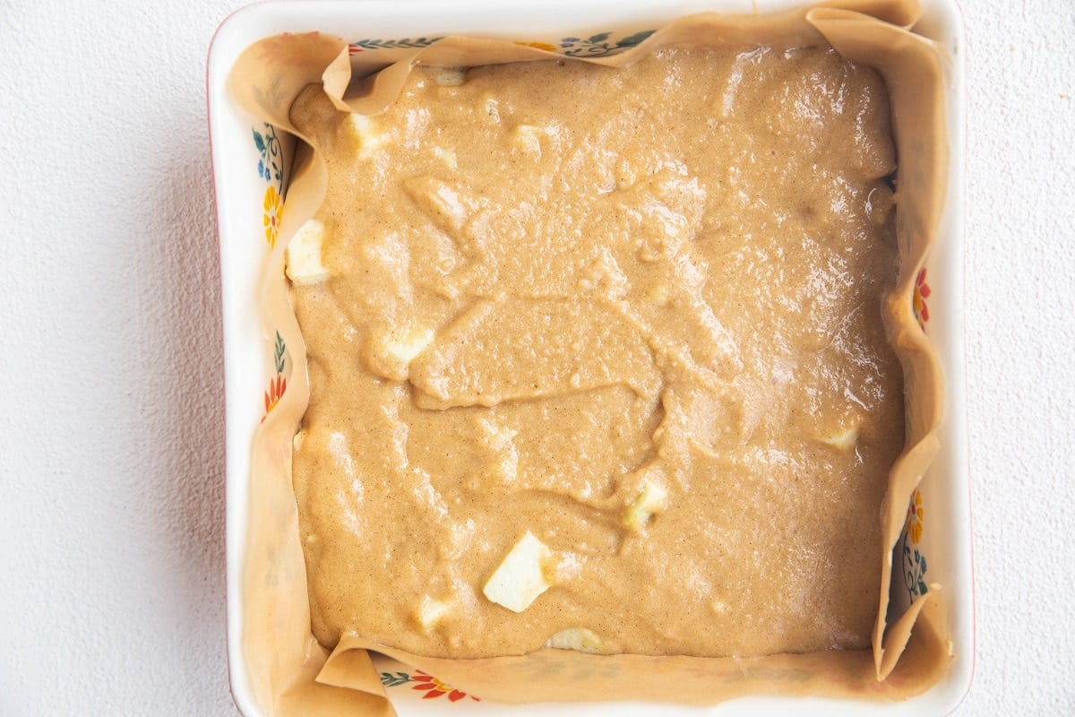 Cake batter in a baking dish