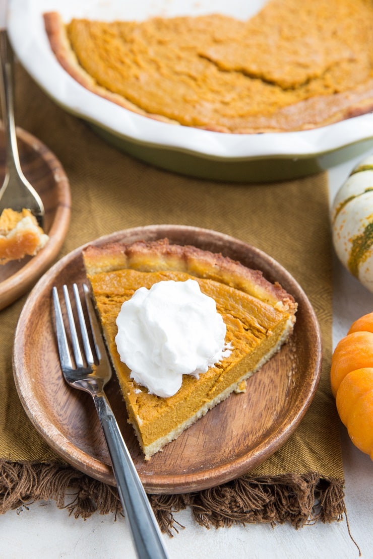 Grain-Free Paleo Pumpkin Pie made nut-free, gluten-free, dairy-free and refined sugar-free with a keto option.