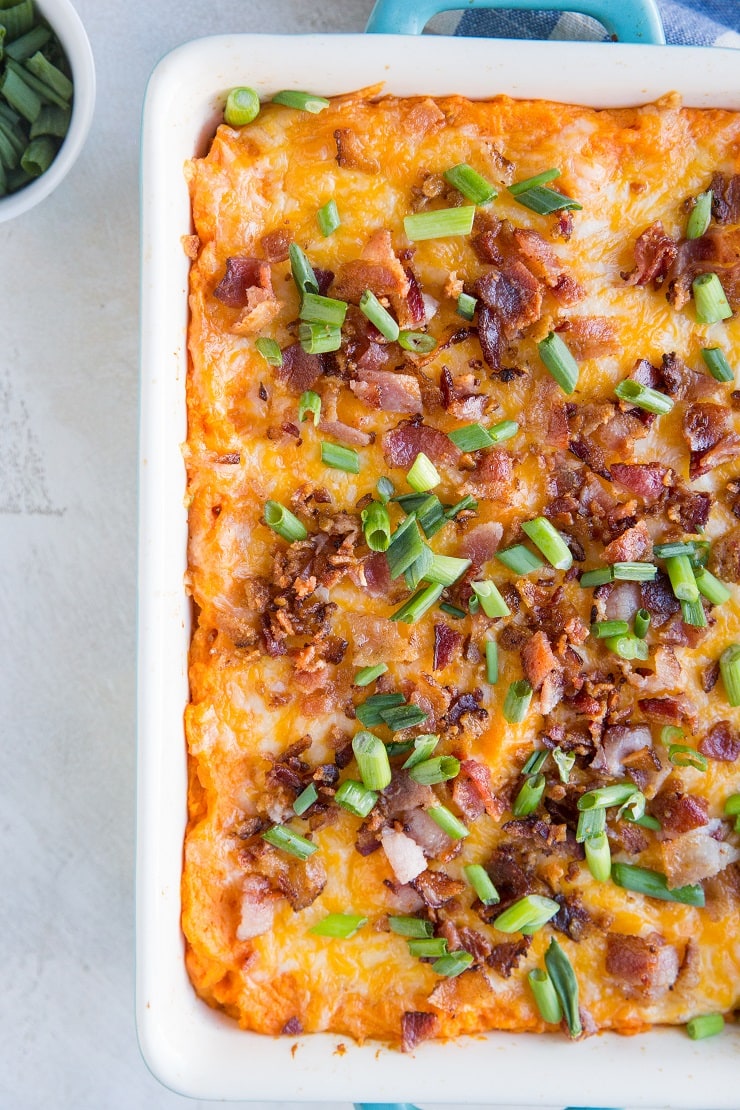Bacon Cheddar Mashed Sweet Potato Casserole - a savory sweet potato casserole recipe that is easy to prepare and so delicious alongside any main dish.