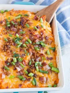 Cheesy Mashed Sweet Potato Casserole with Bacon - a savory sweet potato casserole recipe that is loaded with flavor. A marvelous side dish to share with guests
