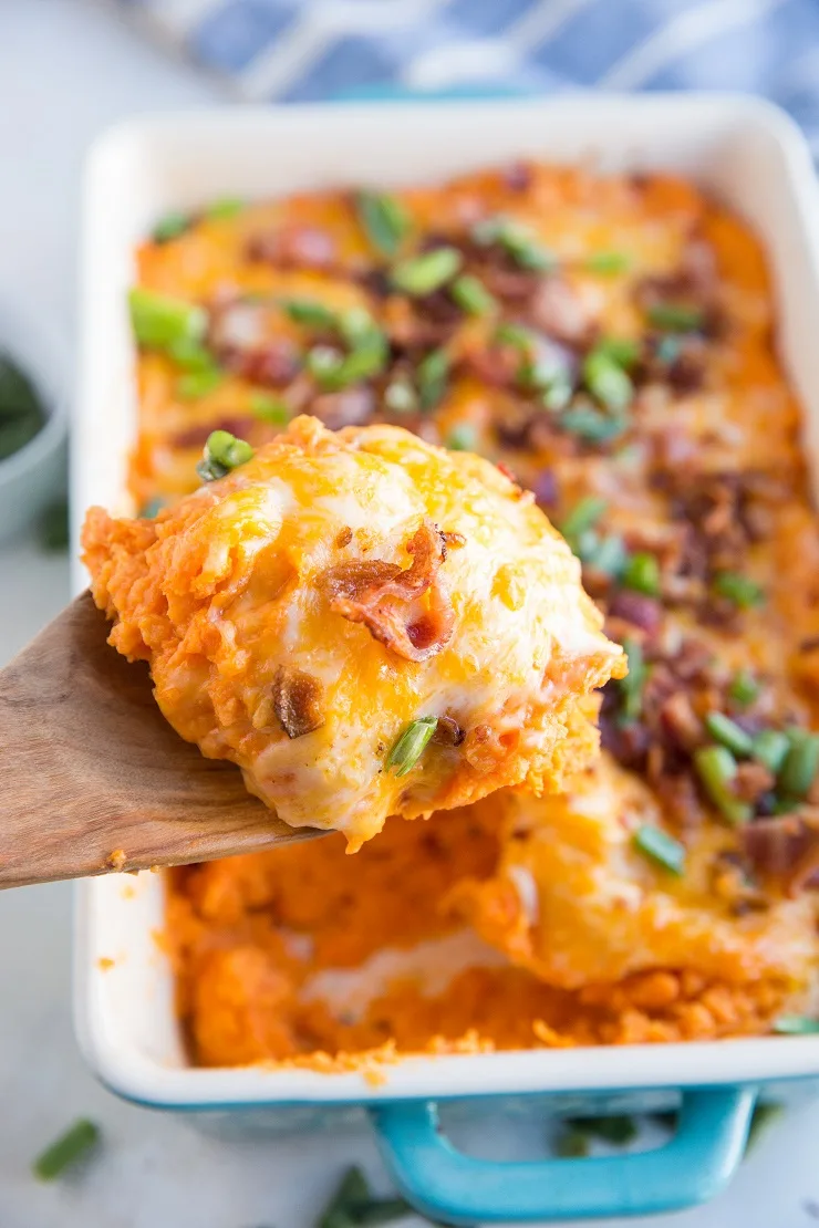 Cheesy Mashed Sweet Potato Casserole with Bacon and Green Onion - a delicious savory casserole recipe that serves as an amazing side dish.