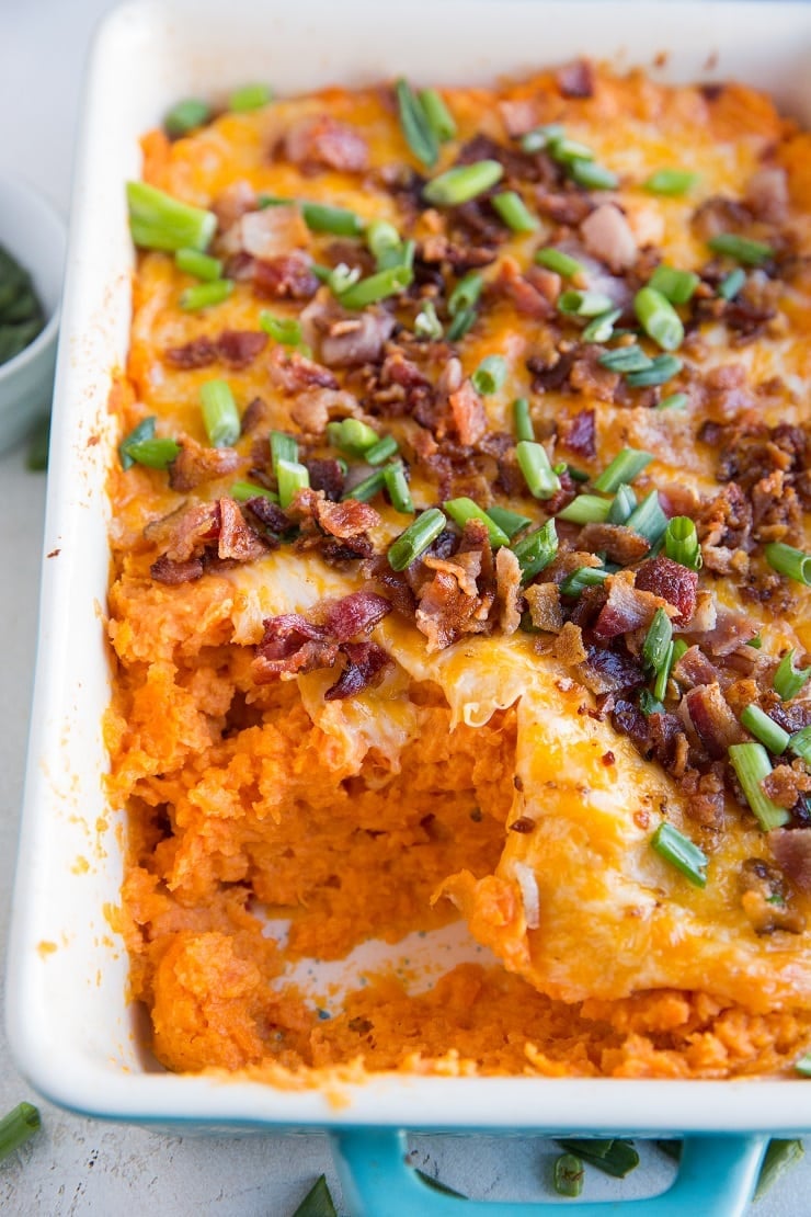Cheesy Mashed Sweet Potato Casserole with bacon - a savory, delicious side dish perfect for sharing with friends and family.