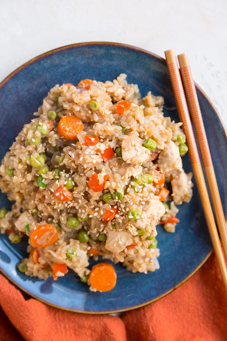 Easy Healthy One-Pot Chicken Un-Fried Rice - an easier steamed version of fried rice that has similar flavors to the classic Chinese food.