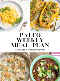 Healthy Paleo Meal Plan centered all around whole food meals! This straightforward meal plan comes with a grocery list and makes weeknight eating a breeze!