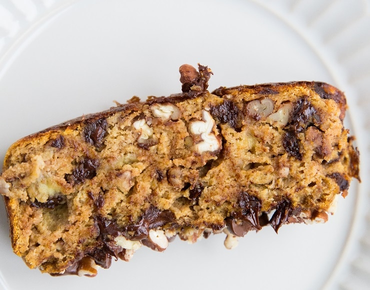 Paleo Pumpkin Banana Bread with chocolate chips and pecans. Nut-free, grain-free, dairy-free, made with coconut flour