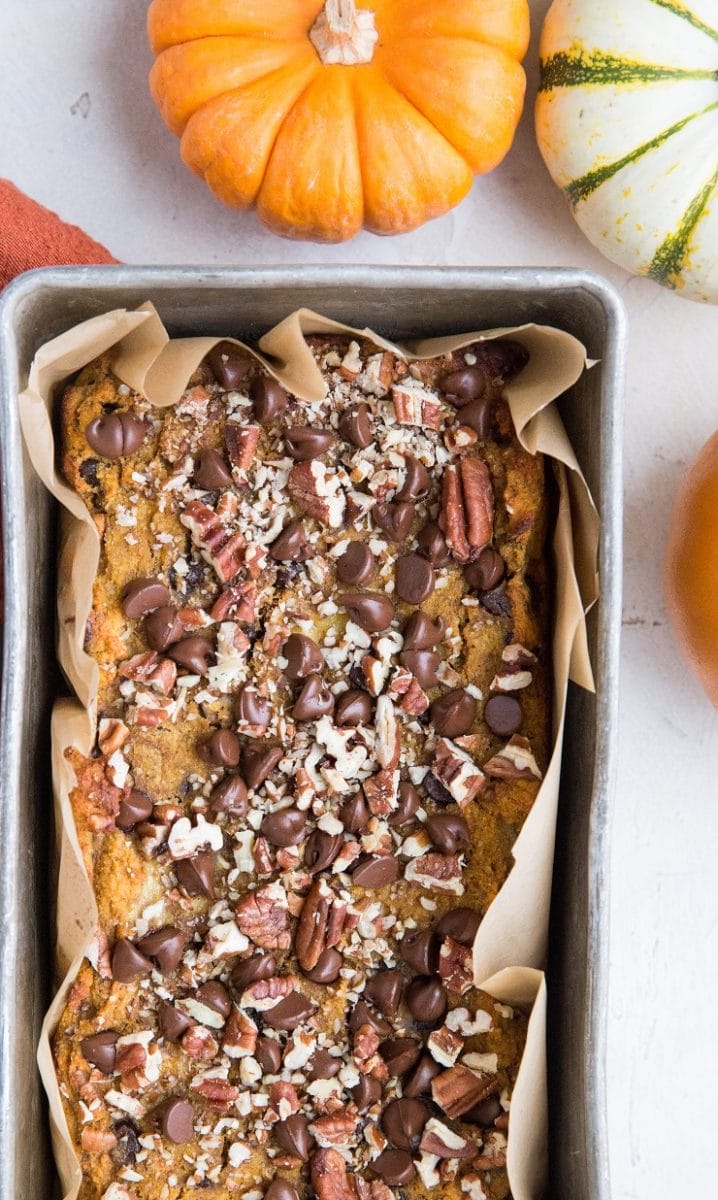 Finished Pumpkin Banana Bread in a loaf pan