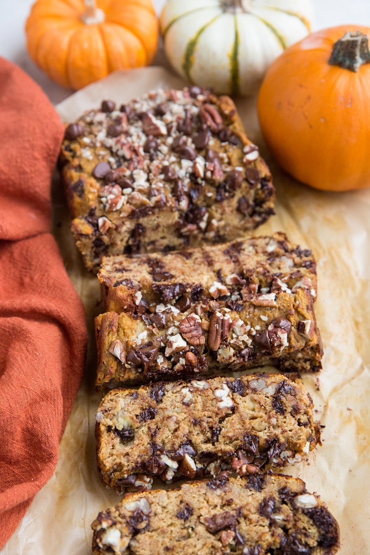 Paleo Pumpkin Banana Bread made with coconut flour - nut-free, grain-free, refined sugar-free, oil-free healthy banana bread recipe with chocolate chips and pecans