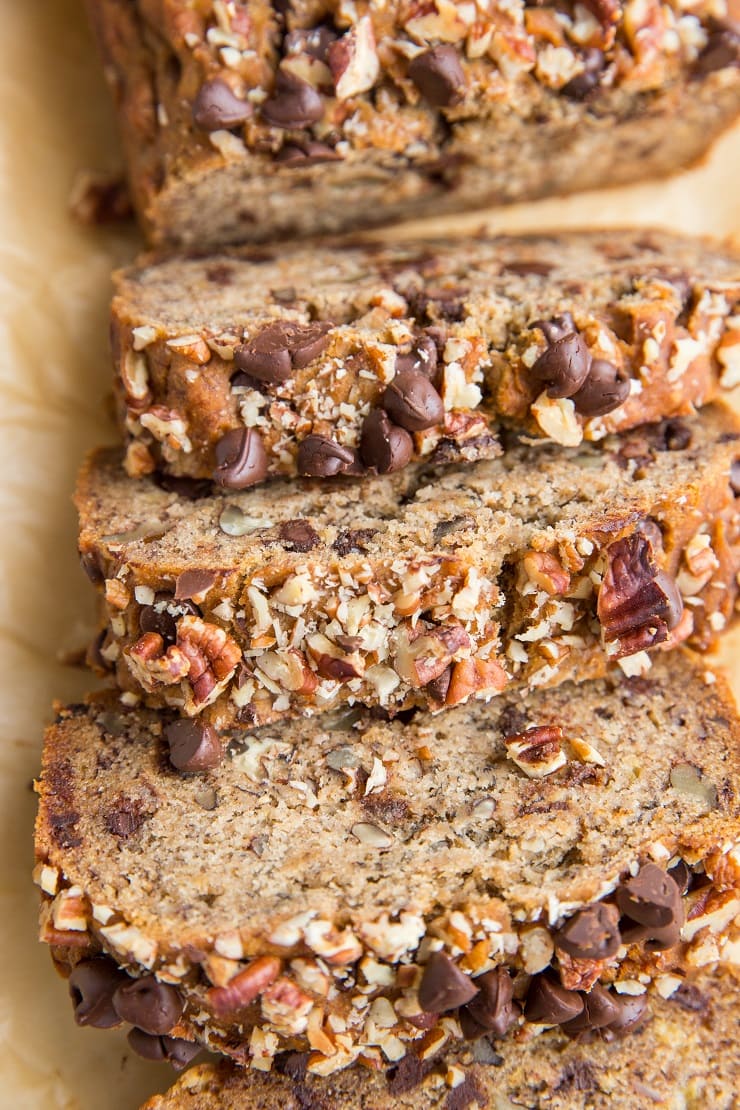 Gluten-Free Vegan Banana Bread with chocolate chips and pecans - a deliciously fluffy, egg-free, dairy-free treat!