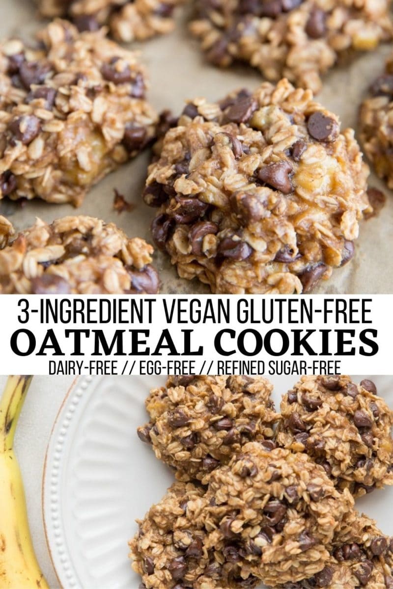 3-Ingredient Vegan Oatmeal Cookies - an egg-free, dairy-free, refined sugar-free healthier cookie recipe that takes 15 minutes to make!