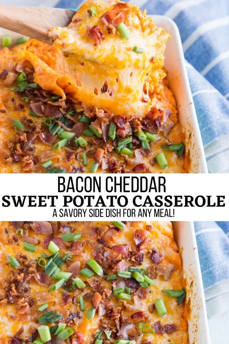 Savory Mashed Sweet Potato Casserole with bacon and cheese! A loaded potato kind of experience made easy in a casserole dish. Fabulous side dish to any meal!