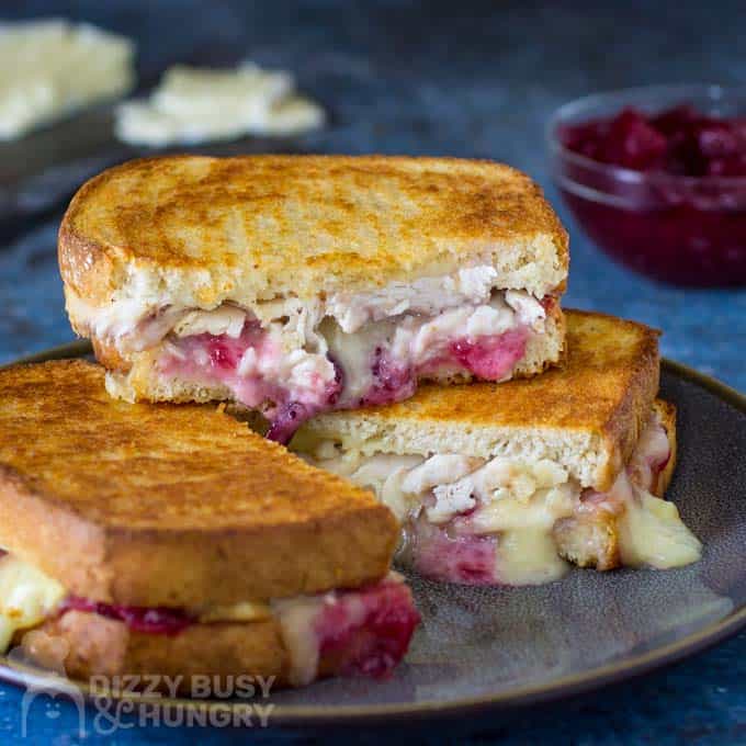 Brie Grilled Cheese Sandwich with Turkey and cranberry sauce