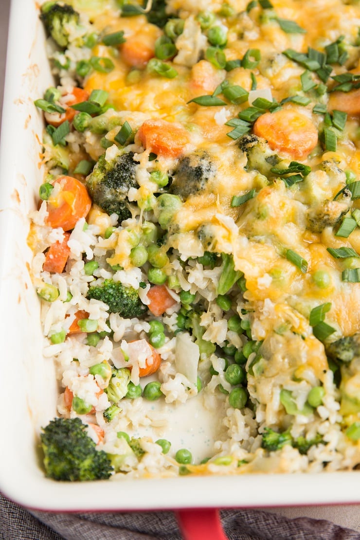Creamy Cheesy Brown Rice Casserole with vegetables. A healthy side dish to go alongside any main dish