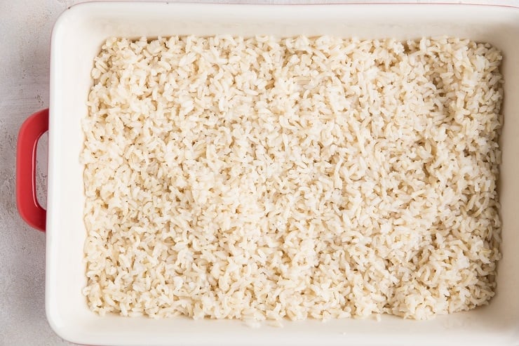 Transfer the rice to a 13” x 9” casserole dish.