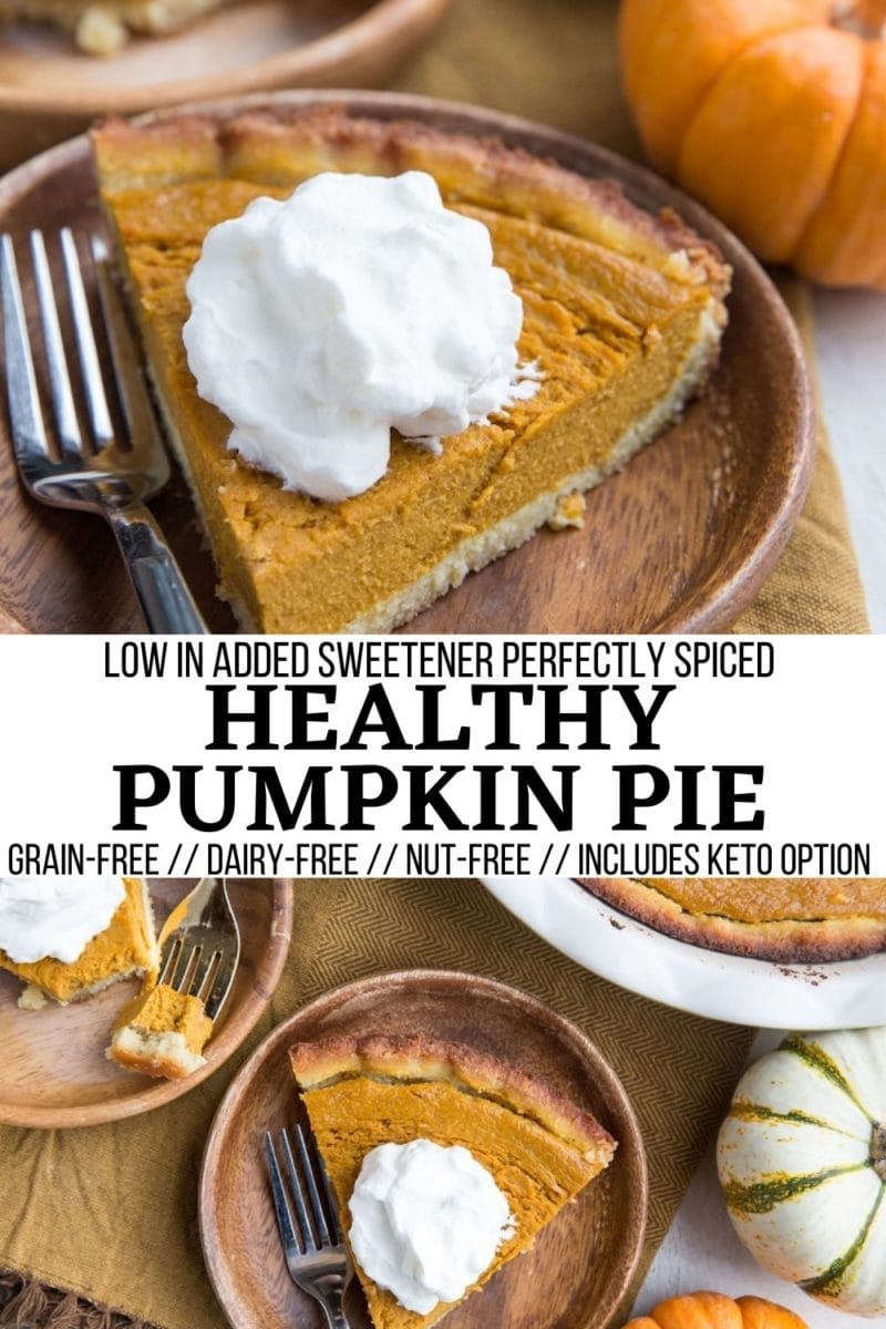 A Healthy Pumpkin Pie recipe that you’d never in a million years guess is actually good for you! Low in added sweetener, nut-free, grain-free and dairy-free, this silky smooth pumpkin pie is spiced to perfection. This amazing pie is paleo friendly with a coconut flour crust, and I have included a keto option