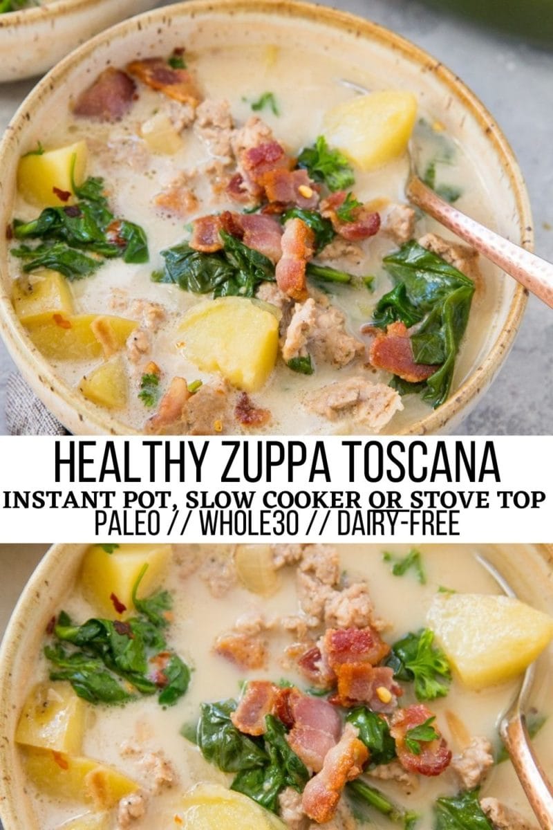 Healthy Zuppa Toscana Soup Recipe - paleo, whole30, delicious. Italian sausage, yukon potatoes, bacon, and spinach make this creamy, hearty soup a dream!