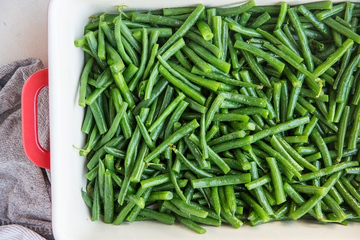 Transfer the boiled green beans to a casserole dish
