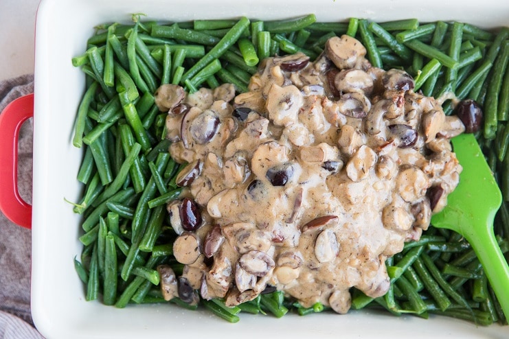 Pour the creamy mushroom sauce over the green beans