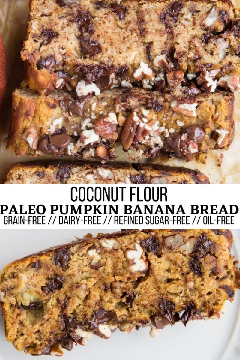 Paleo Pumpkin Banana Bread with chocolate chips and pecans - made with coconut flour. Grain-free, refined sugar-free, dairy-free, oil-free, healthy and delicious!