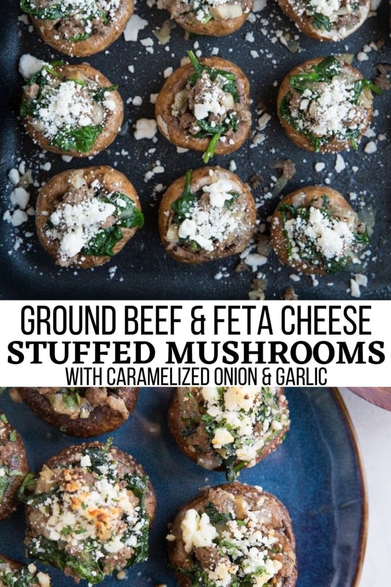 Ground Beef & Feta Cheese Stuffed Mushrooms with spinach, caramelized onion, and garlic. A wildly flavorful low-carb appetizer recipe!