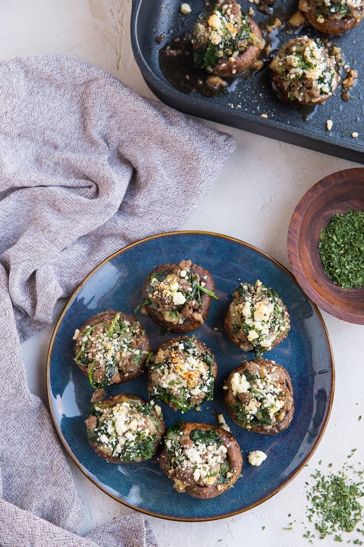 Beef, Feta, and Spinach Stuffed Mushrooms with caramelized onion and garlic