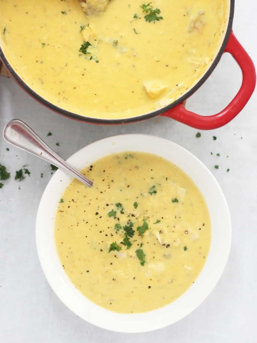 This turkey leek soup is deliciously creamy and made with fresh veggies and seasoned with thyme for a comforting, cozy and filling meal. Use canned coconut milk instead of cream to make it dairy-free.