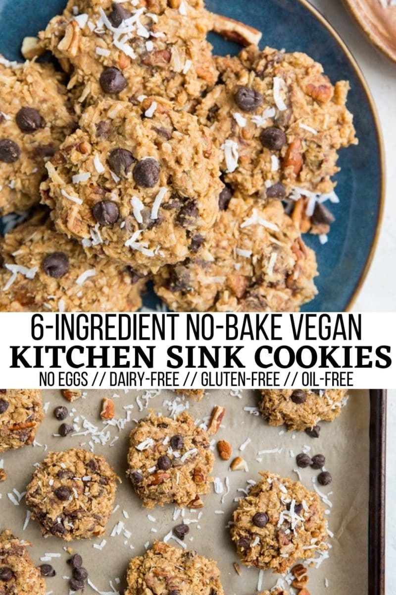 6-Ingredient No-Bake Kitchen Sink Cookies with peanut butter, oats, shredded coconut, pecans, and chocolate chips are the easiest, dreamiest no-cook egg-free cookies! Vegan, gluten-free, and refined sugar-free, these cookies are amazing for any occasion. #nobakecookies #oatmealcookies #peanutbuttercookies #christmascookies #healthy #dessert #vegan #vegandessert #vegancookies #glutenfree