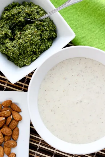 Garlic-Almond Soup with Pesto