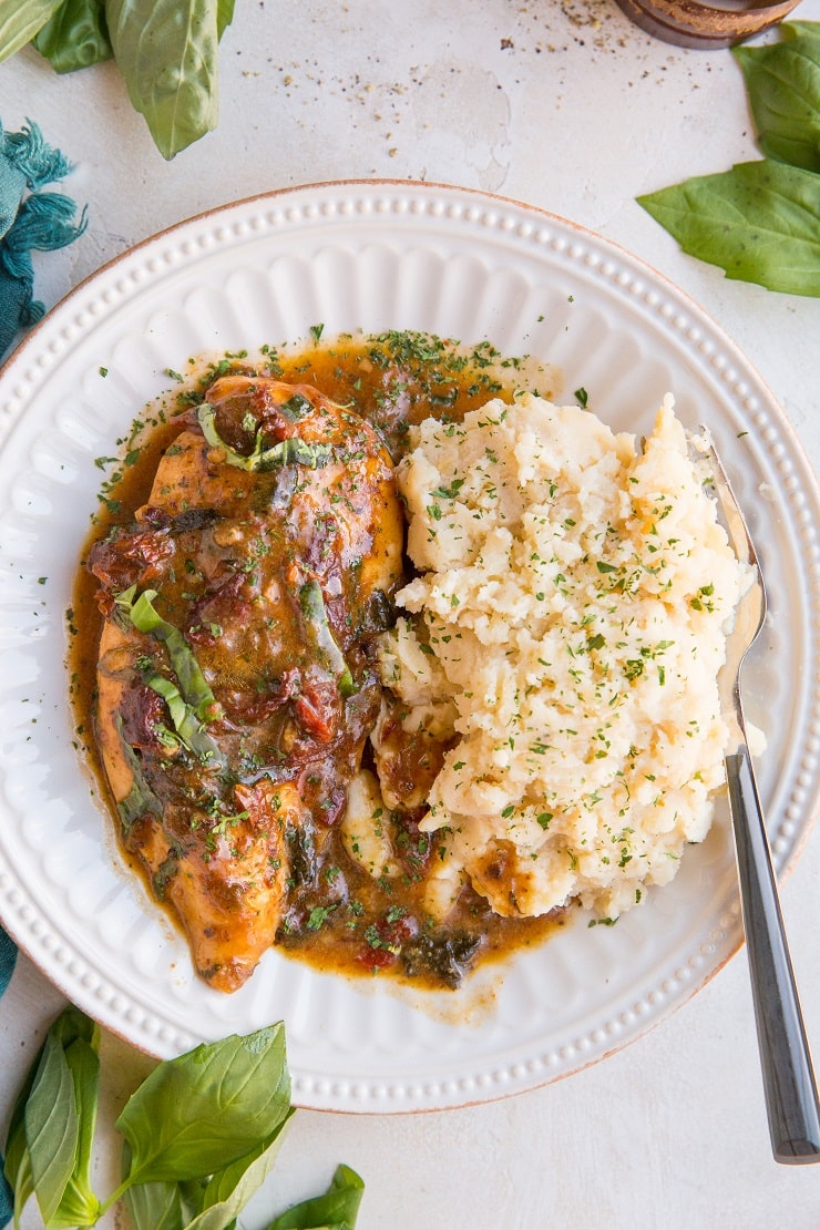 Sun-Dried Tomato Basil Baked Chicken with creamy sauce. Gluten-Free, Dairy-Free, paleo, keto, and flavorful