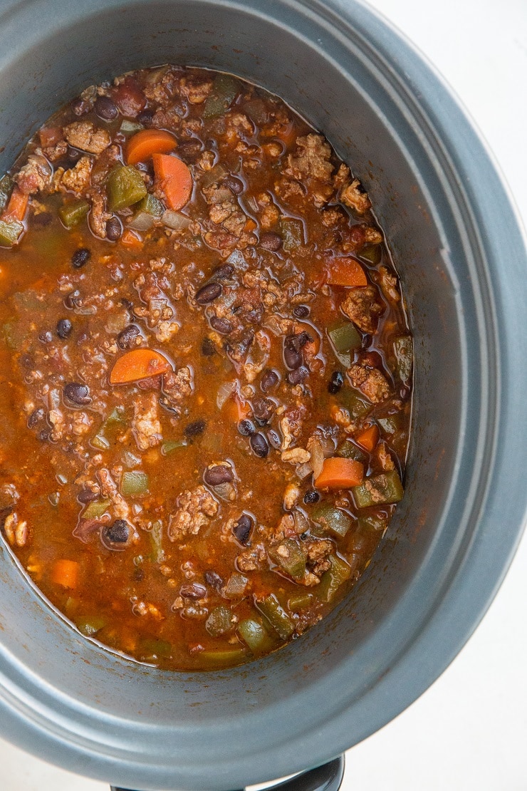 Crock pot turkey chili in a slow cooker