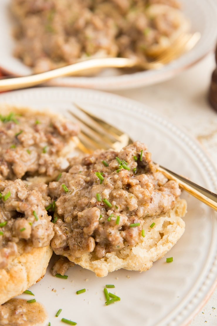 Dairy-Free Sausage Gravy made with 7 basic ingredients. Gluten-free, rich and creamy!