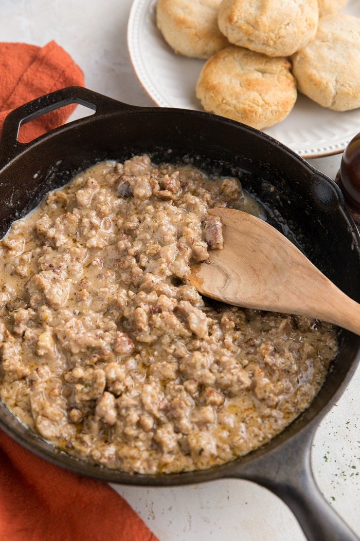Gluten-Free Sausage Gravy made dairy-free with seven basic ingredients. Make it for keto or gluten-free biscuits and gravy!