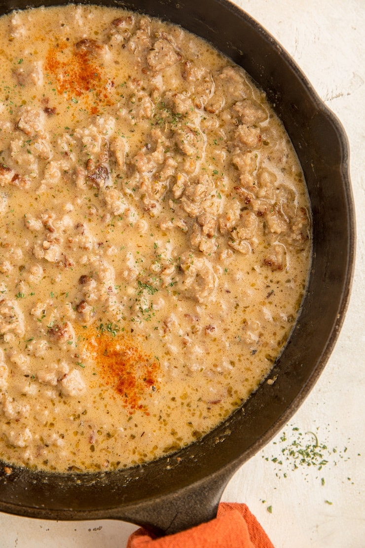 Dairy-Free Sausage Gravy made in a cast iron skillet