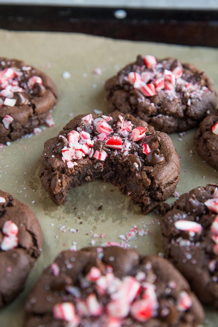 Gluten-Free Double Chocolate Peppermint Cookies with a dairy-free and a refined sugar-free option. An easy festive holiday cookie recipe!